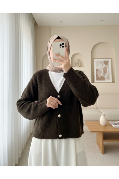 Modamorfo Soft Knit Cardigan with Buttons on the Front - K. Brown