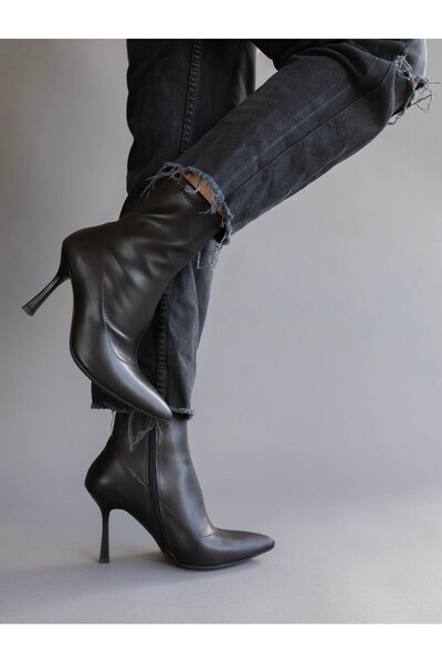 leopar by çetinay Kadın Siyah Streç Deri İnce Topuklu Bot | Lüks Şık Stiletto Bot Modeli