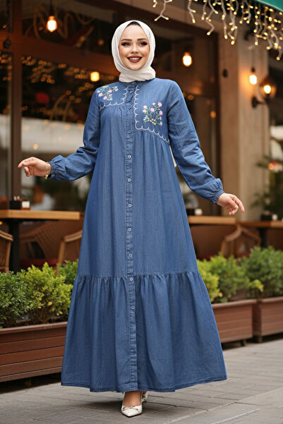 Neva Style Τζιν φόρεμα με κουμπιά σκούρο μπλε Hijab 19147KM