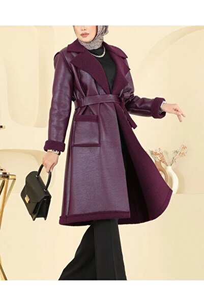 Modamorfo Beli Belted Double Pocket Fur Lined Leather Coat - Plum