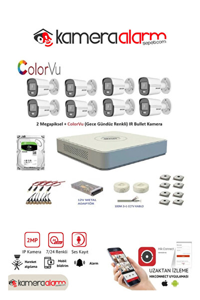 Hikvision 2mp 8 kameralı Dış ortam AHD HD-TVI ColorVu Gece Renkli Kamera Seti...