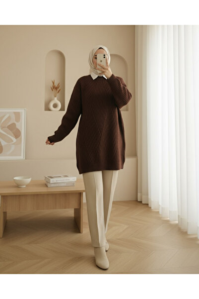 Modamorfo Brown Diamond Patterned Running Knitwear Tunic