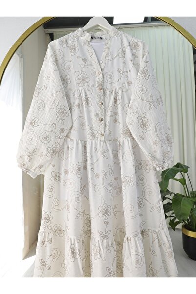 Modamorfo Φόρεμα με λαβή ελαστικό μισό κουμπί ζακάρ εμπριμέ - Λευκό