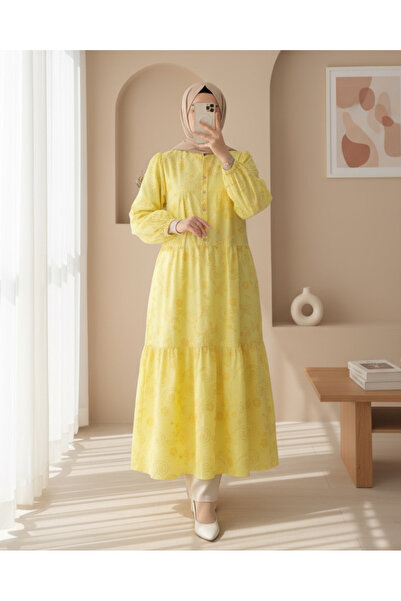 Modamorfo Φόρεμα με λαβή ελαστικό με μισό κουμπί ζακάρ εμπριμέ - κίτρινο