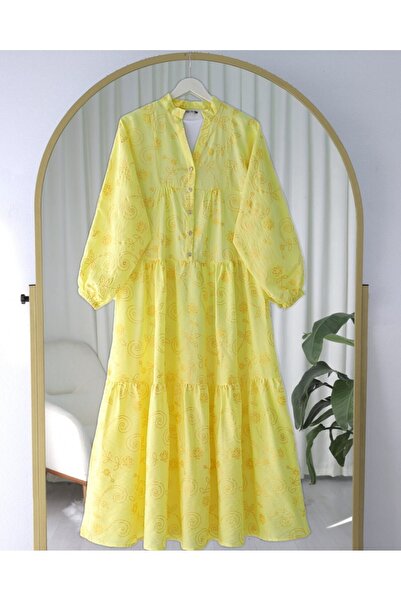 Modamorfo Φόρεμα με λαβή ελαστικό με μισό κουμπί ζακάρ εμπριμέ - κίτρινο