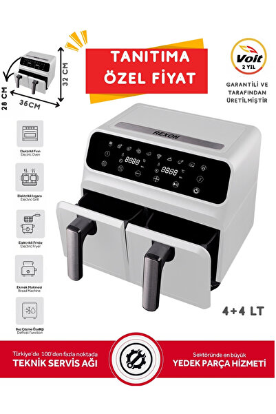 Rexon AirFryer Yağsız Fritöz XL 4+4 8 Litre Çiftl Hazne Ayrı Akıllı Pişirme Geniş Hacim Beyaz