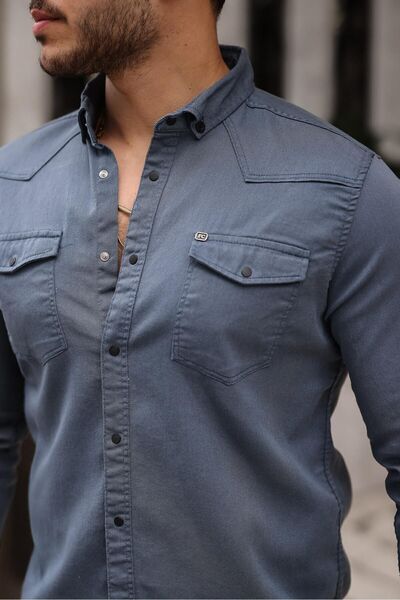 comstar Men's Slim Fit Basic Indigo Denim Shirt with Snap Pockets