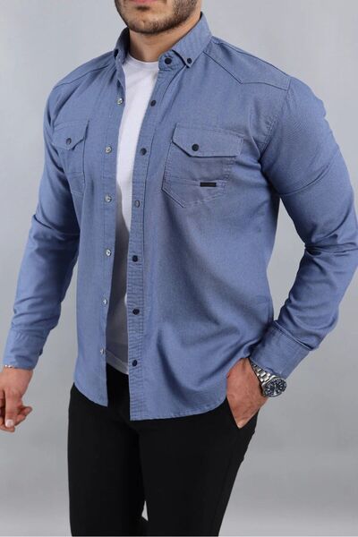 WOWA COMPANY Ανδρικό τζιν πουκάμισο με διπλή τσέπη με λεπτή εφαρμογή