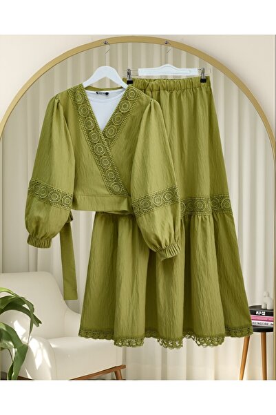 Modamorfo Lace Detailed Tie-Up Sleeve Elastic Waist Skirt Suit - Olive