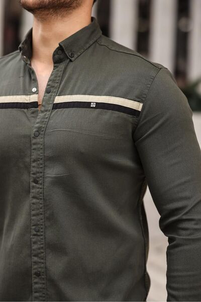 comstar Men's Slim Fit Striped Long Sleeve Tight Khaki Denim Shirt