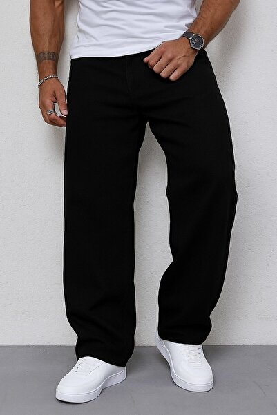 Gussi Men's Black Baggy Fit Lycra-Free Relaxed Cut Jean Trousers