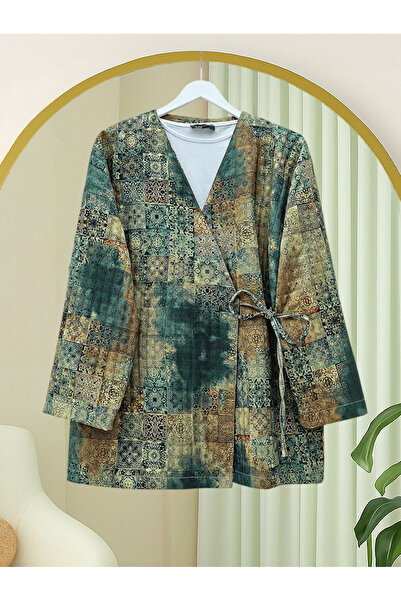 Modamorfo Patterned Lined Quilted Kimono with Tie-Waist Pockets - Khaki
