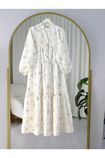 Modamorfo Φόρεμα με λαβή ελαστικό μισό κουμπί ζακάρ εμπριμέ - Λευκό