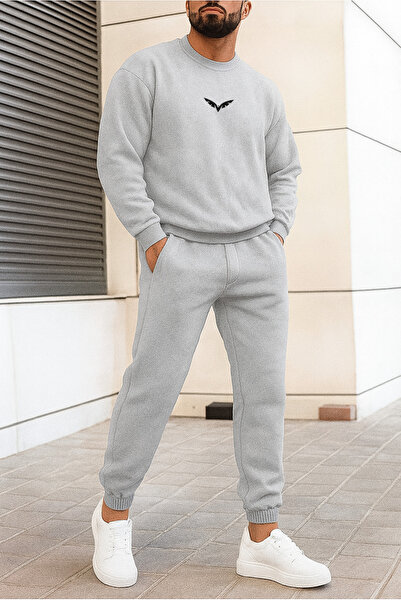 DUBU BUTİK Wings Tracksuit Set Sweatshirt Jogger - Gray Printed Oversized Fleece-Lined Crew Neck