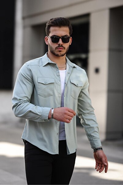 comstar Men's Seasonal Trend Pocket Snap Fastener Green Denim Shirt