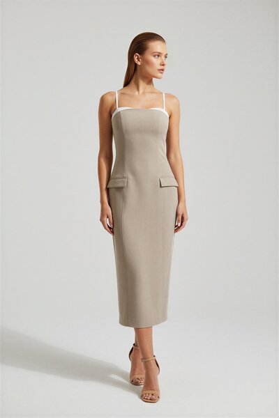 Setre Olive İnce Askılı Yaka Ve Cep Detaylı Midi Boy Elbise