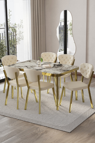 BY ORHAN GÜZEL AKUAMARİN 80-120 CK GOLD Mutfak Masası Takımları , 6 Kişilik M...