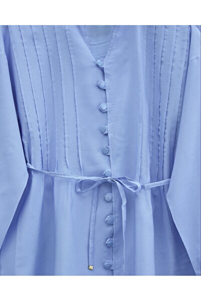 Modamorfo Lapel Lace-Up Buttoned V-Neck Tunic Trousers Set -Baby Blue