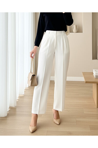 Modamorfo One Button Front Fold Detailed Pocket Trousers -White