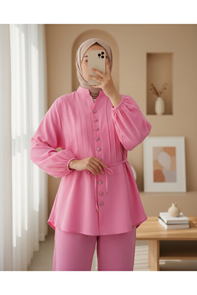 Modamorfo Buttoned V-Neck Tunic Trousers Set with Sleeves - Pink