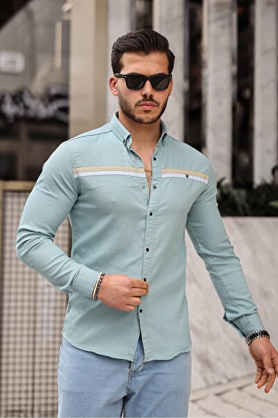 comstar Men's Slim Fit Striped Long Sleeve Tight Mint Denim Shirt
