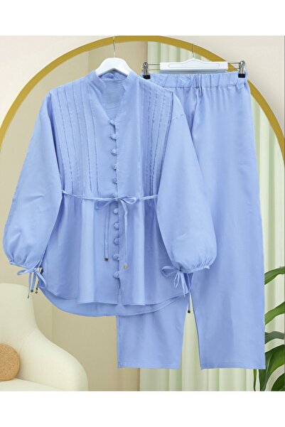 Modamorfo Lapel Lace-Up Buttoned V-Neck Tunic Trousers Set -Baby Blue