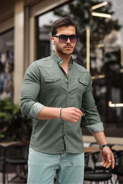 comstar Slim Fit Snap Fastener Double Pocket Denim Shirt