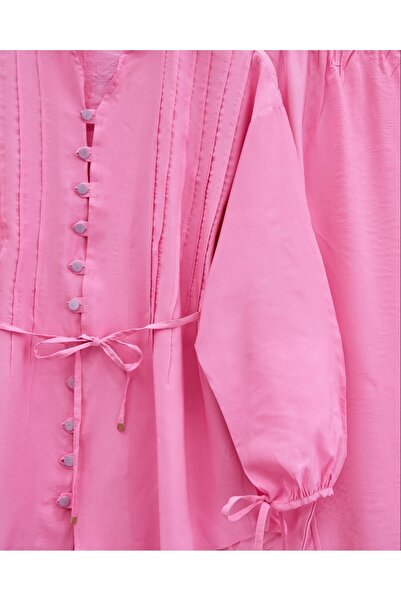 Modamorfo Buttoned V-Neck Tunic Trousers Set with Sleeves - Pink