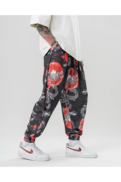 FG KONNİCHİWA Snake Pattern Chinese Unisex Ethnic Patterned Elastic Waist and Legs Casual Hippie Bohemian with Pockets