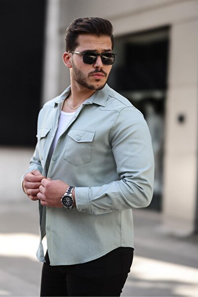 comstar Men's Seasonal Trend Pocket Snap Fastener Green Denim Shirt