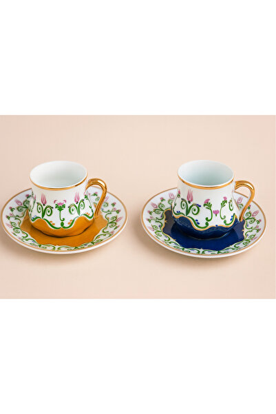 esdekor 2'li Kahve Fincan Seti 90cc Osmanlı Tarz Çiçekli Porselen Sarı Mavi Beyaz Gold Elde Yıkanır Yaldızlı