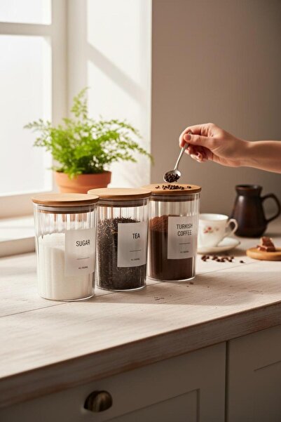 ANJEAHOME Moca 3-Pack 900 ml Transparent Hard Plastic Food Storage Container |   Wooden Silicone Cover |   Labeled |