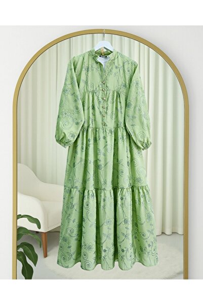 Modamorfo Φόρεμα με λαβή ελαστικό μισό κουμπί ζακάρ εμπριμέ - Χακί