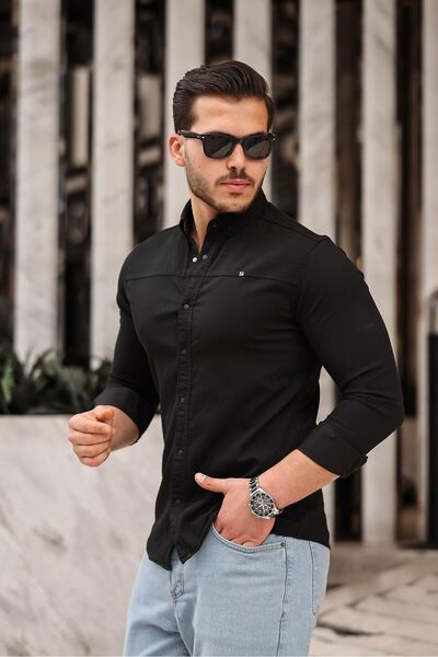 comstar Men's Basic Plain Slim Fit Long Sleeve Black Denim Shirt