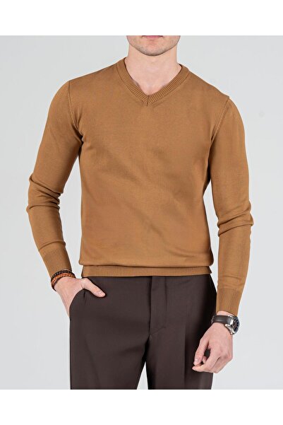 TerziAdemAltun Ανδρικό πλεκτό πουλόβερ με λαιμόκοψη σε ιταλικό στυλ Camel T8734
