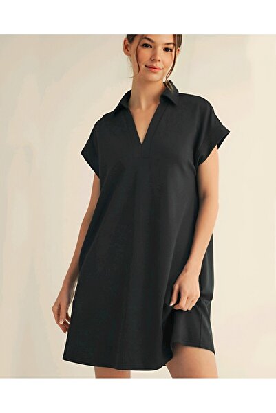 Modamorfo Shirt Collar Pocket Single Jersey Combed Cotton Dress -Black
