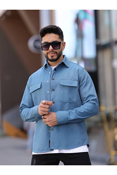 comstar Чоловіча базова вовняна сорочка з ефектом плетіння, довгі рукави, синя, вільного крою