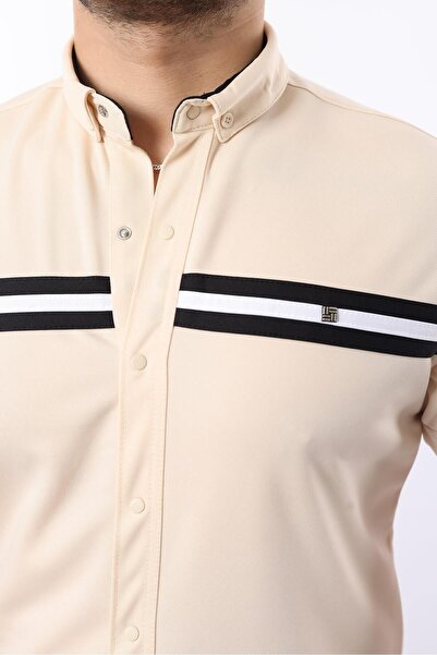 comstar Men's Short Sleeve Tight Summer Double Striped Cream Shirt