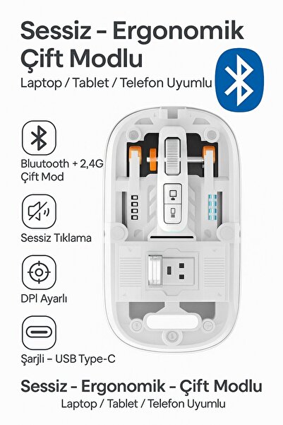 Zineets Bluetooth Ultra Slim Usb 2.4ghz Siyah Ledli 800/1200/1600dpi Şarjlı Kablosuz Mouse Rgb Led Işıklı