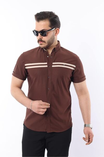 comstar Men's Short Sleeve Tight Summer Double Striped Coffee Shirt