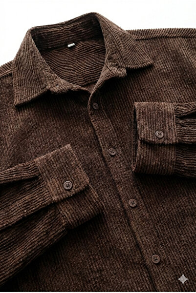 A&O Style Ανδρικό μακρυμάνικο βελούδινο πουκάμισο σε σκούρο καφέ χρώμα oversized