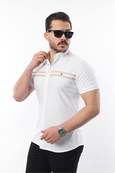 comstar Men's Short Sleeve Tight Summer Double Striped White Shirt