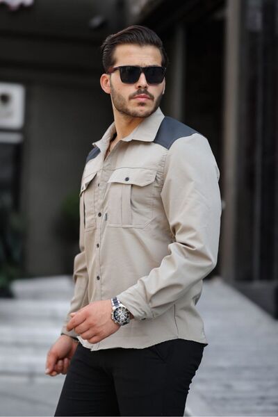 comstar Men's Parachute Fabric Tight Long Sleeve Basic Cream Shirt