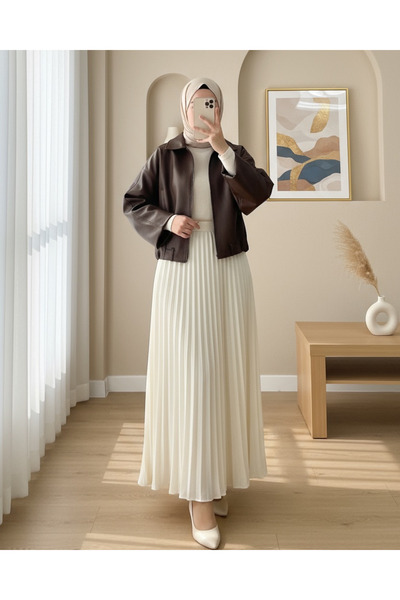 Modamorfo Lined Leather Jacket with Folded Waist Detail and Belt - Brown