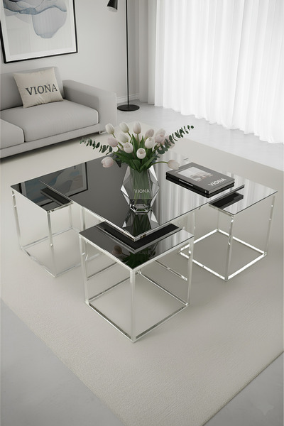 Genel Markalar Kare Yavrulu Orta Sehpa Krom Kaplama Füme Ayna 4 Yavru 1 Orta