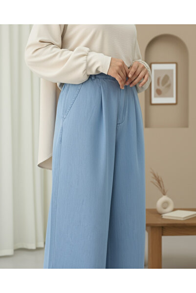 Modamorfo بنطلون جينز واسع الساقين بجيبين ونصف مطاطي - أزرق فاتح