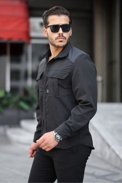 comstar Men's Parachute Fabric Tight Long Sleeve Basic Black Shirt