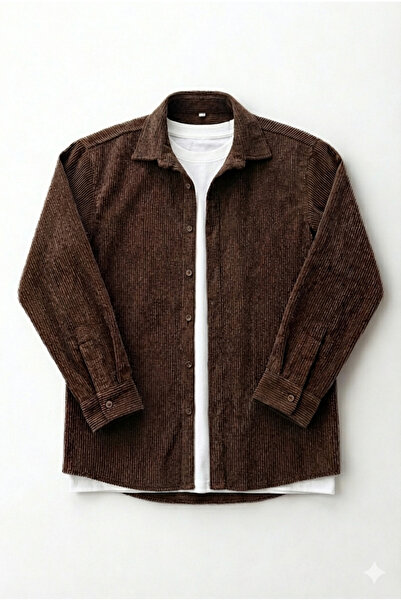A&O Style Ανδρικό μακρυμάνικο βελούδινο πουκάμισο σε σκούρο καφέ χρώμα oversized