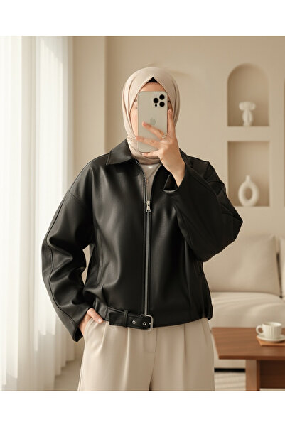 Modamorfo Lined Leather Jacket with Folded Waist Detail and Belt - Black