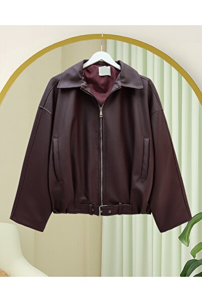 Modamorfo Lined Leather Jacket with Folded Waist Detail and Belt - Burgundy